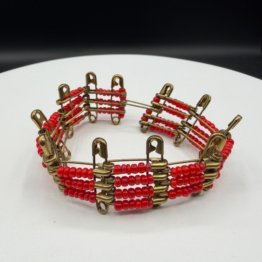 Red Seed Bead Safety Pin Bracelet Brass Tone Punk Folk Art Statement Jewelry